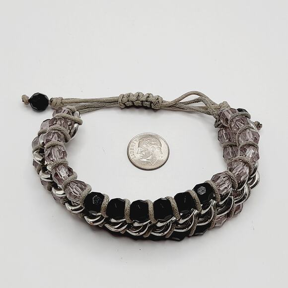 Artisan Black & Lilac Glass Beaded Macrame Bracelet - 6 1/2 Inch to 8 1/2 Inch - Picture 6 of 12